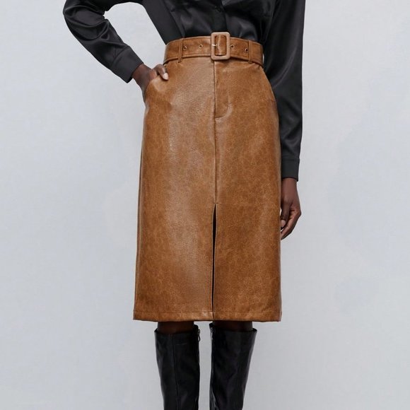 Brown Preppy Womens Split Hem Belted PU Leather Skirt - Picture 4 of 5